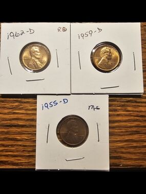 3 Lincoln Pennys,1 1955-D Wheat, 2 Memorials 1962-D,1959-D